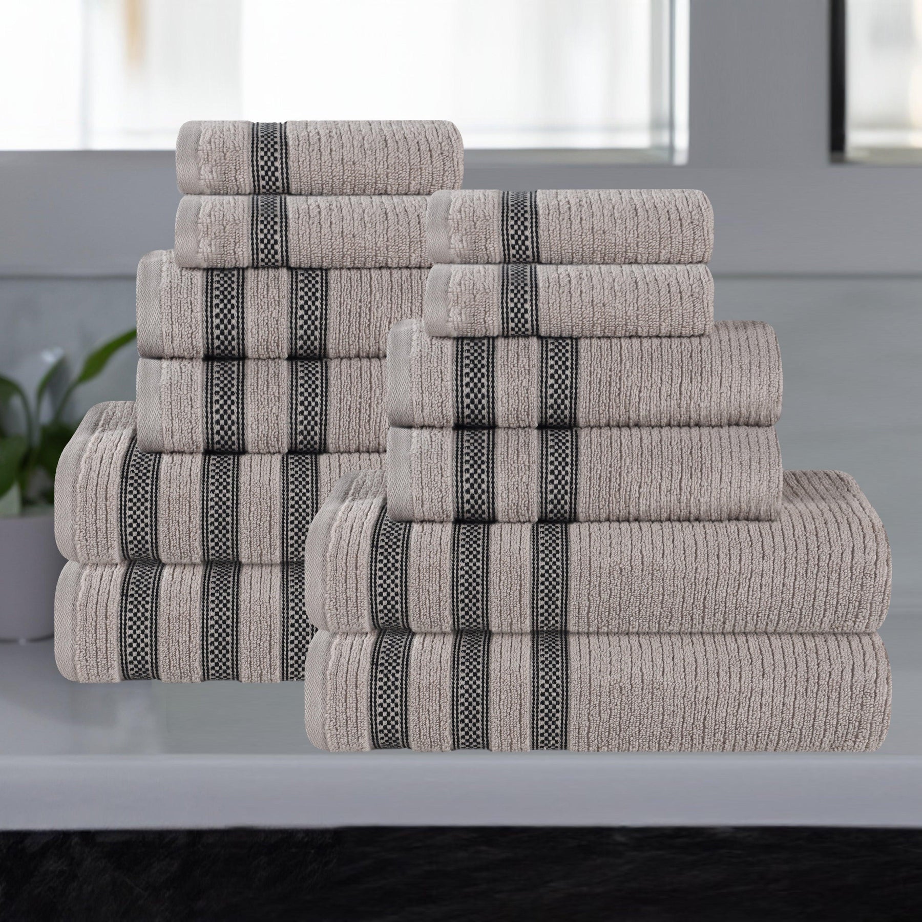 Zero Twist Cotton Ribbed Geometric Border Plush 12 Piece Towel Set - Towel Set by Superior - Superior 