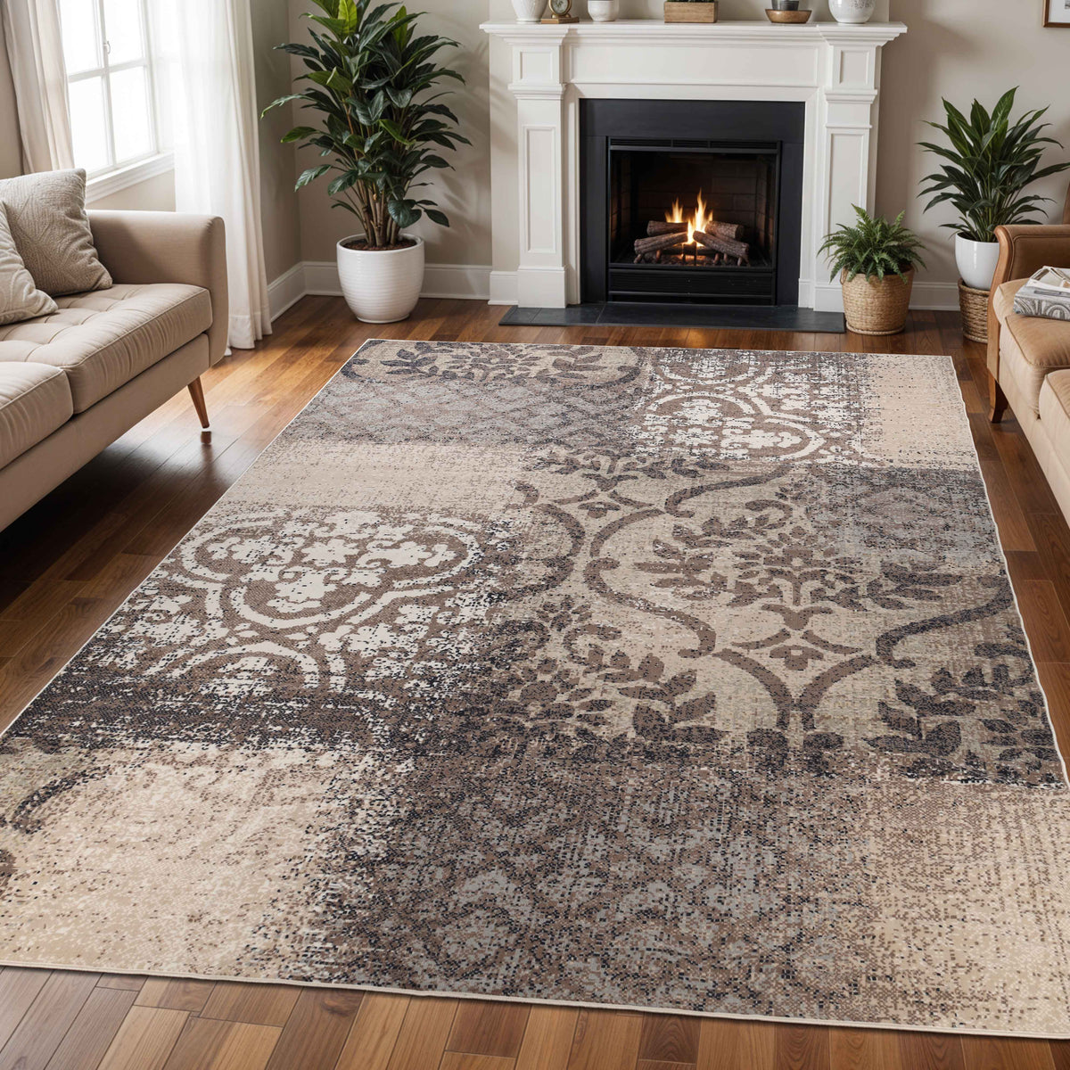 Bristol Distressed Abstract Damask Indoor Area Rug or Runner Rug - Beige-Brown