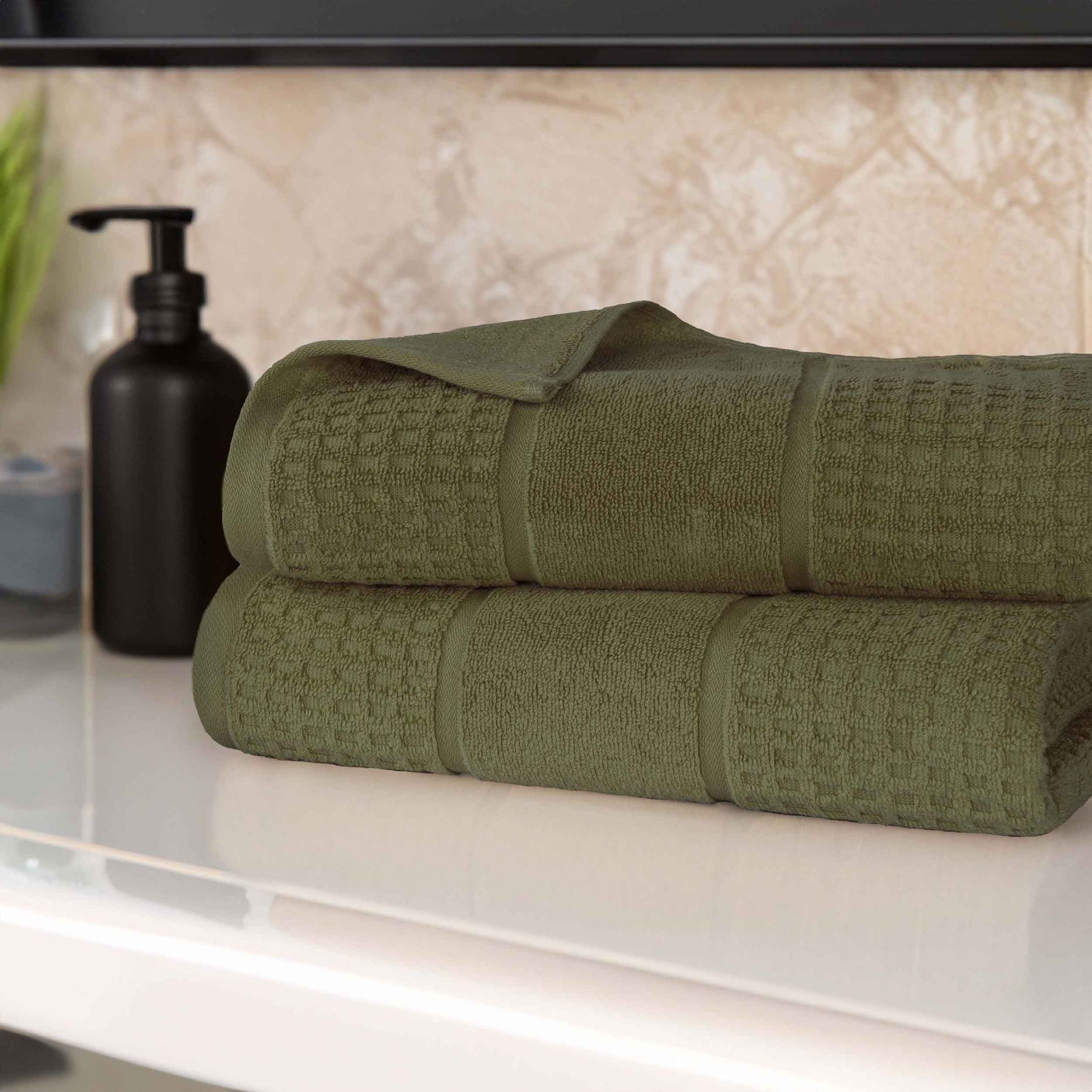 BATH TOWELS Cotton Linen Large Green and Brown Organic Soft Waffle