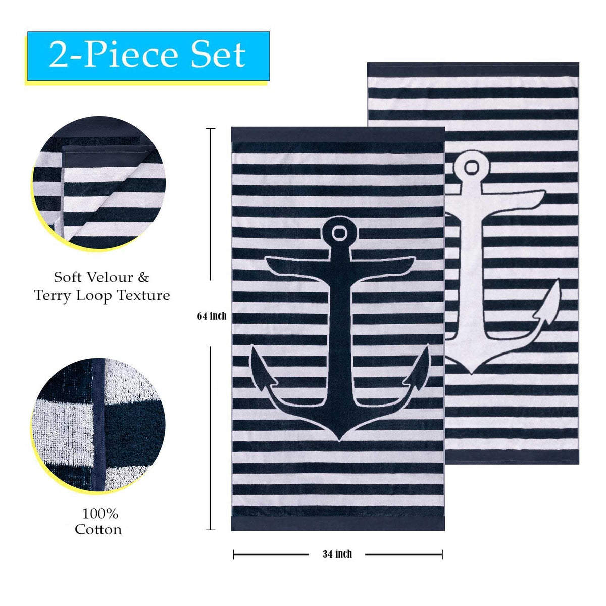 Yacht Club Egyptian Cotton Oversized 4 Piece Beach Towel Set - Beach Towel by Superior - Superior 