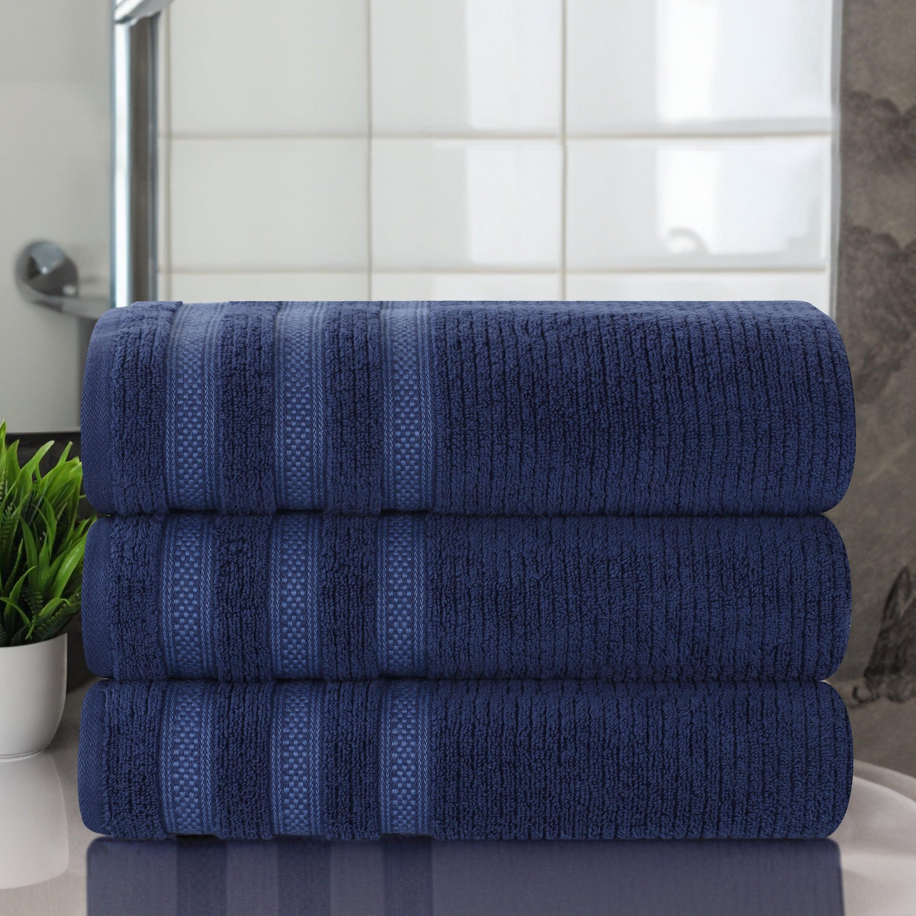 Zero Twist Cotton Ribbed Geometric Border Plush Bath Towel Set of 3 - Bath Towel by Superior - Superior 