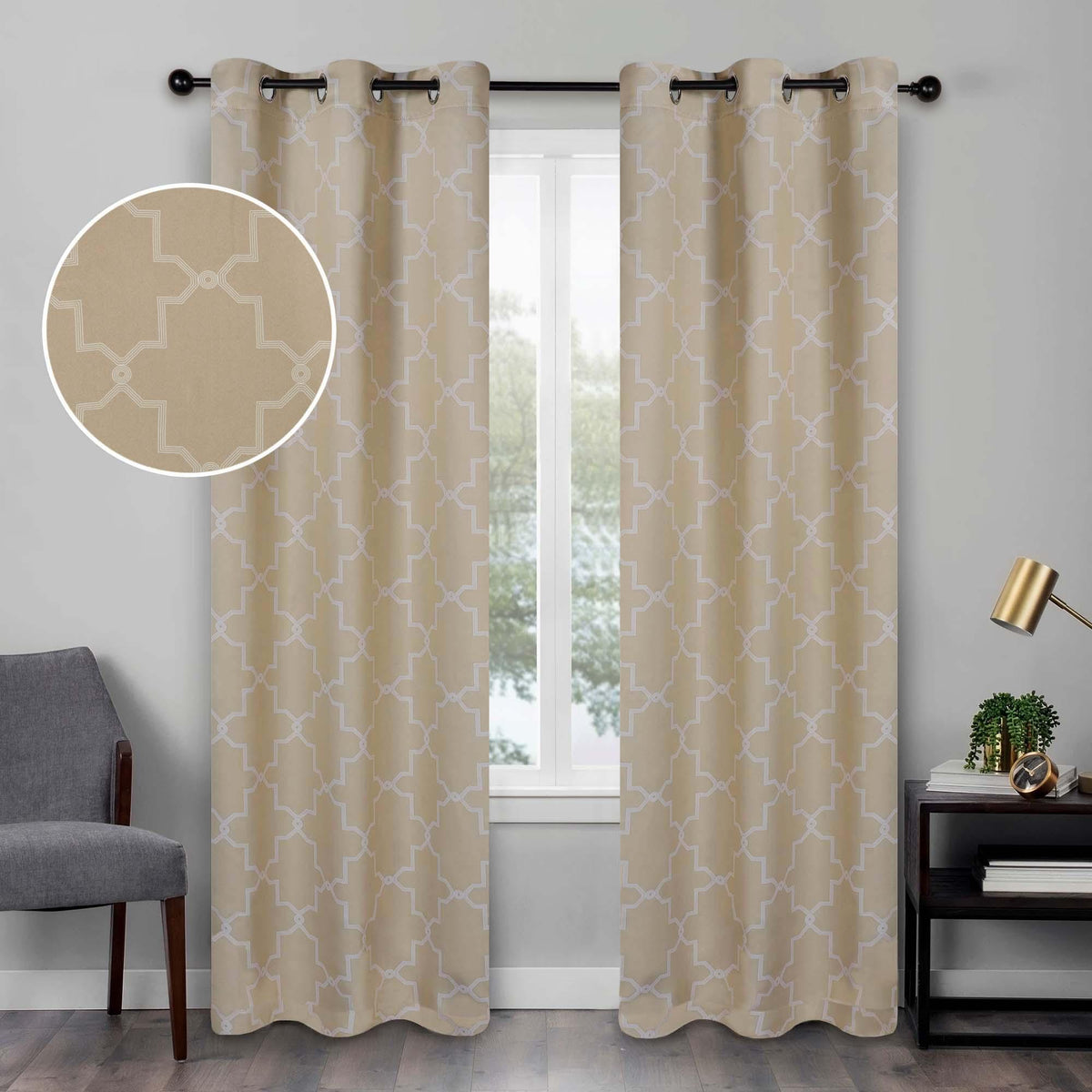 Imperial Trellis Grommet Header Blackout Curtain Panel Set - Ivory