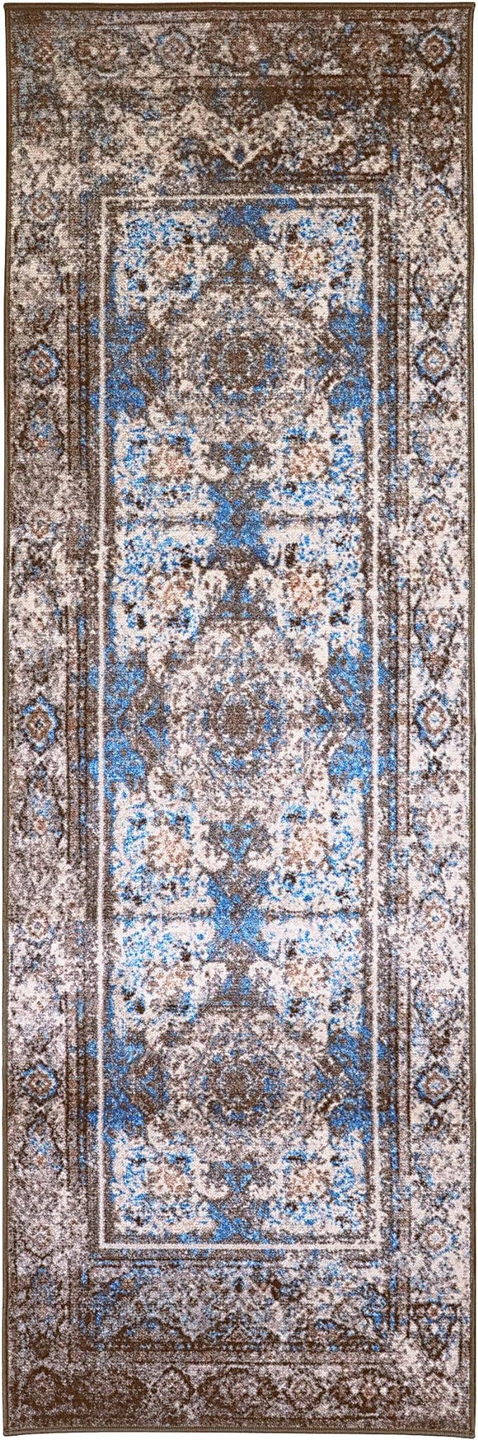 Ezra Vintage Medallion Non-Slip Washable Indoor Area Rug or Runner - Blue