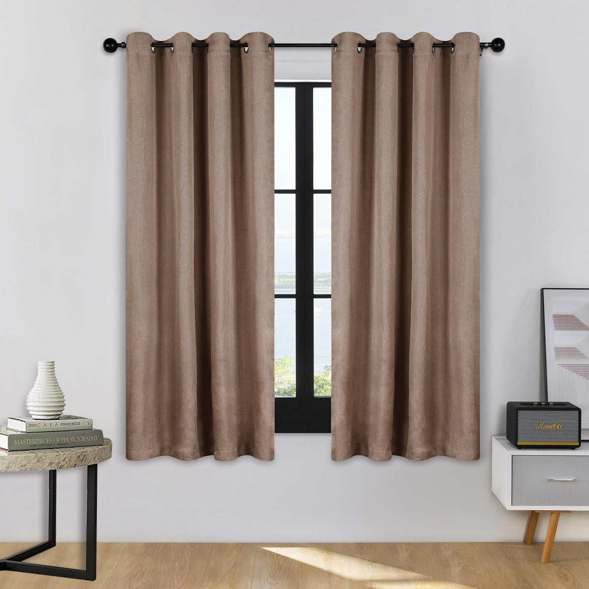 Linen Pattern Washable Room Darkening Blackout Curtains, Set of 2 - Acorn