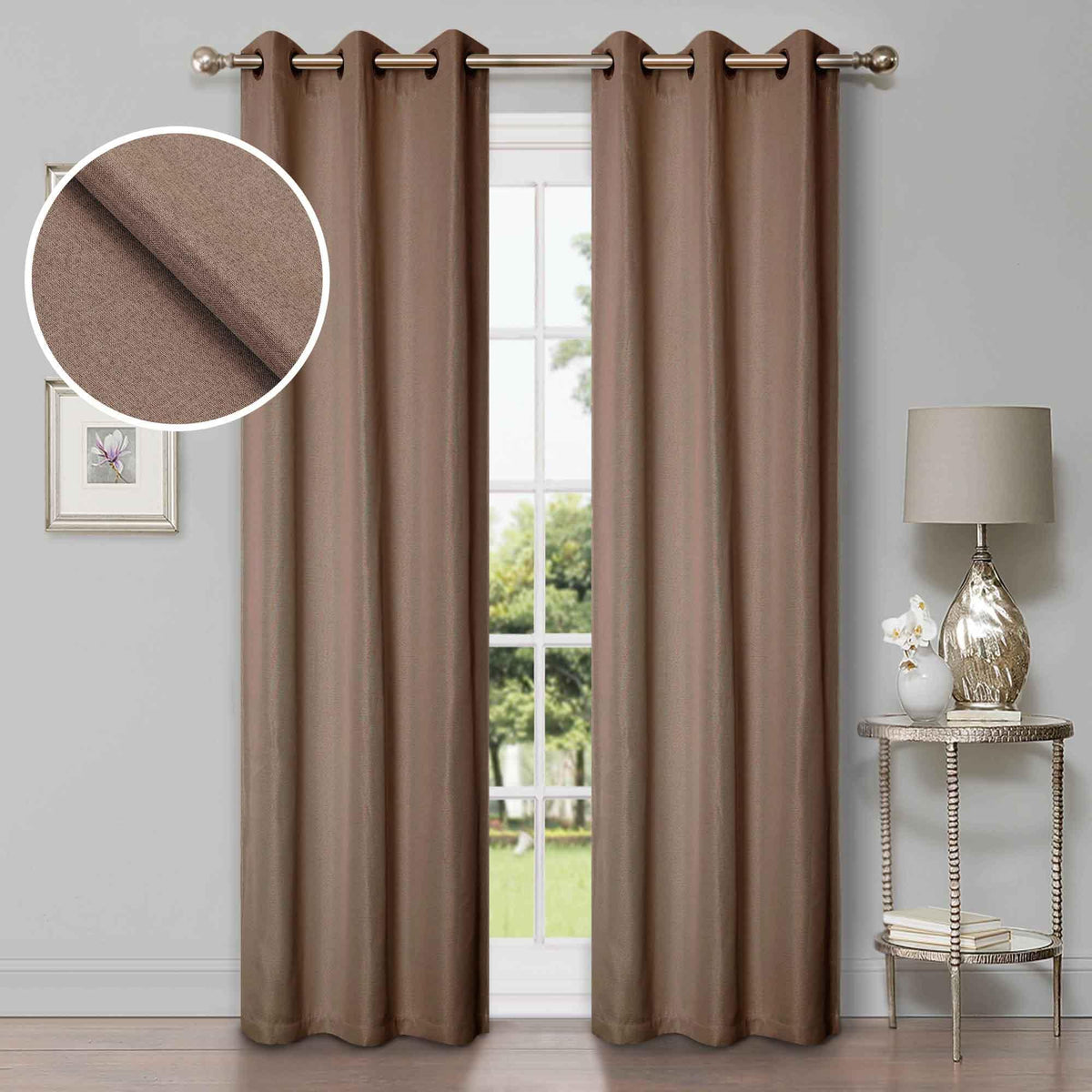 Linen Pattern Washable Room Darkening Blackout Curtains, Set of 2 - Acorn