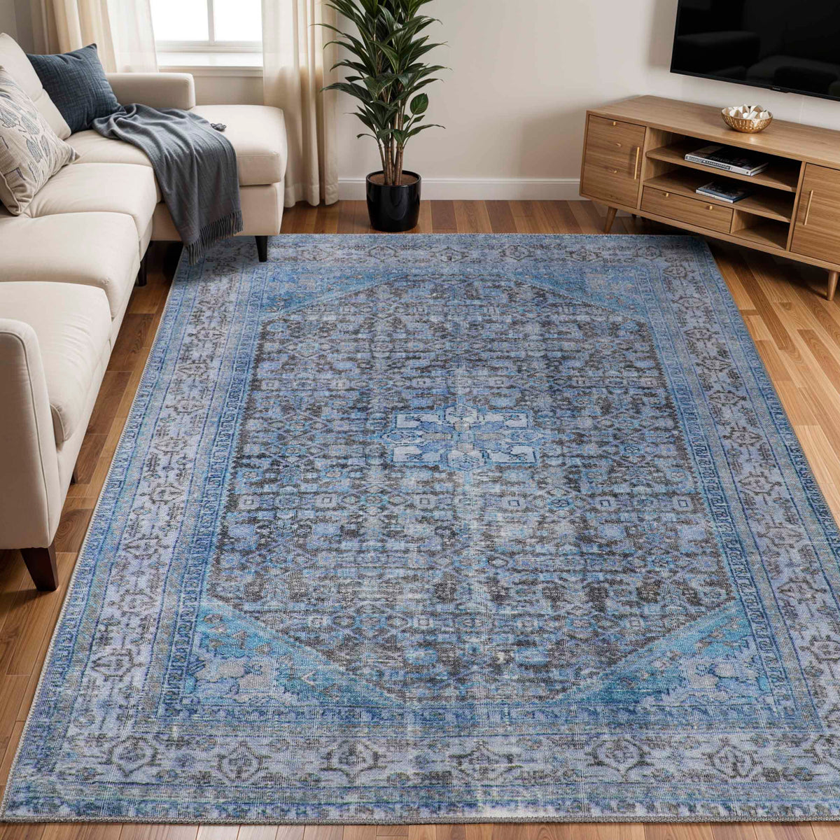 Traditional Oriental Medallion Indoor Area Rug Or Runner Rug - Azure