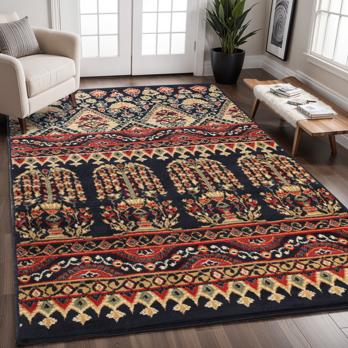 Adena Bohemian Floral Geometric Large Area Rugs or Runner Rug - Black