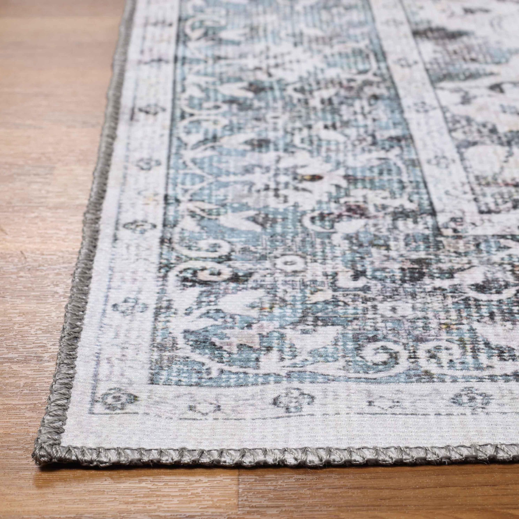 Agra Floral Scroll Border Washable Indoor Area Rug or Runner - Gray