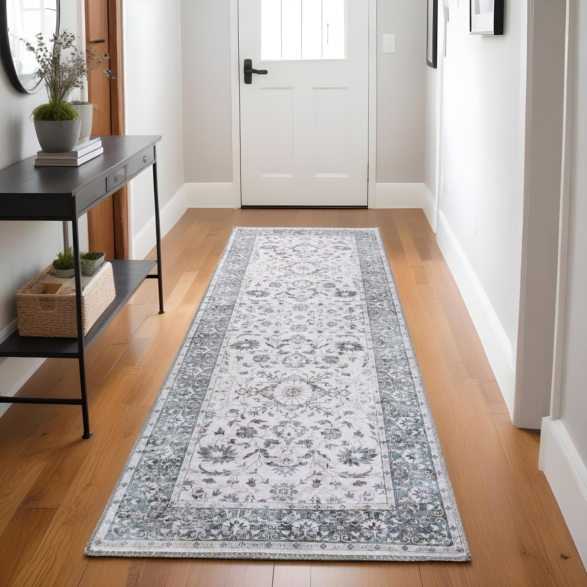 Agra Floral Scroll Border Washable Indoor Area Rug or Runner - Gray