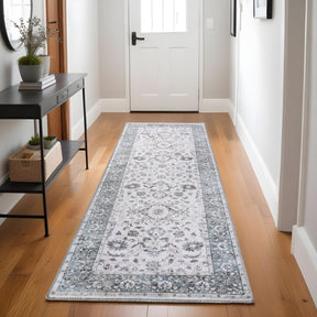 Agra Floral Scroll Border Washable Indoor Area Rug or Runner - Gray