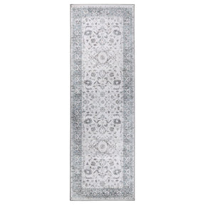 Agra Floral Scroll Border Washable Indoor Area Rug or Runner - Gray