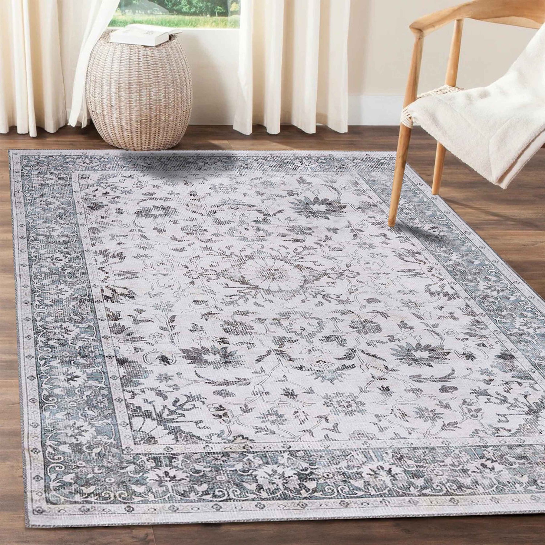 Agra Floral Scroll Border Washable Indoor Area Rug or Runner - Gray