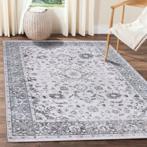 Agra Floral Scroll Border Washable Indoor Area Rug or Runner - Gray