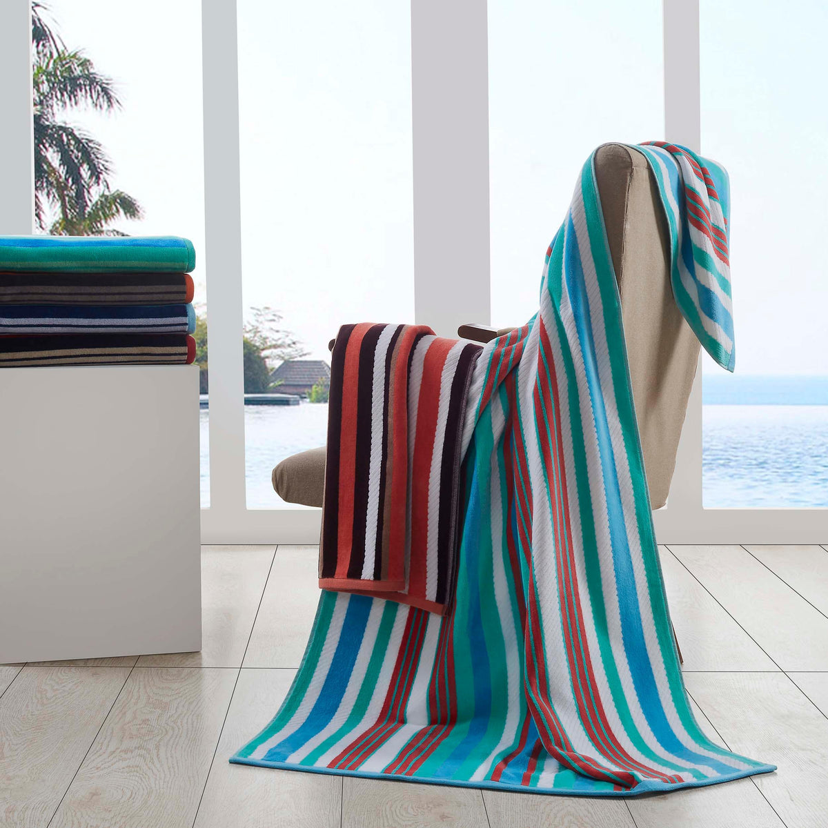 4 Piece Cotton Rope Textured Striped Oversized Beach Towel Set - Beach Towel by Superior - Superior 