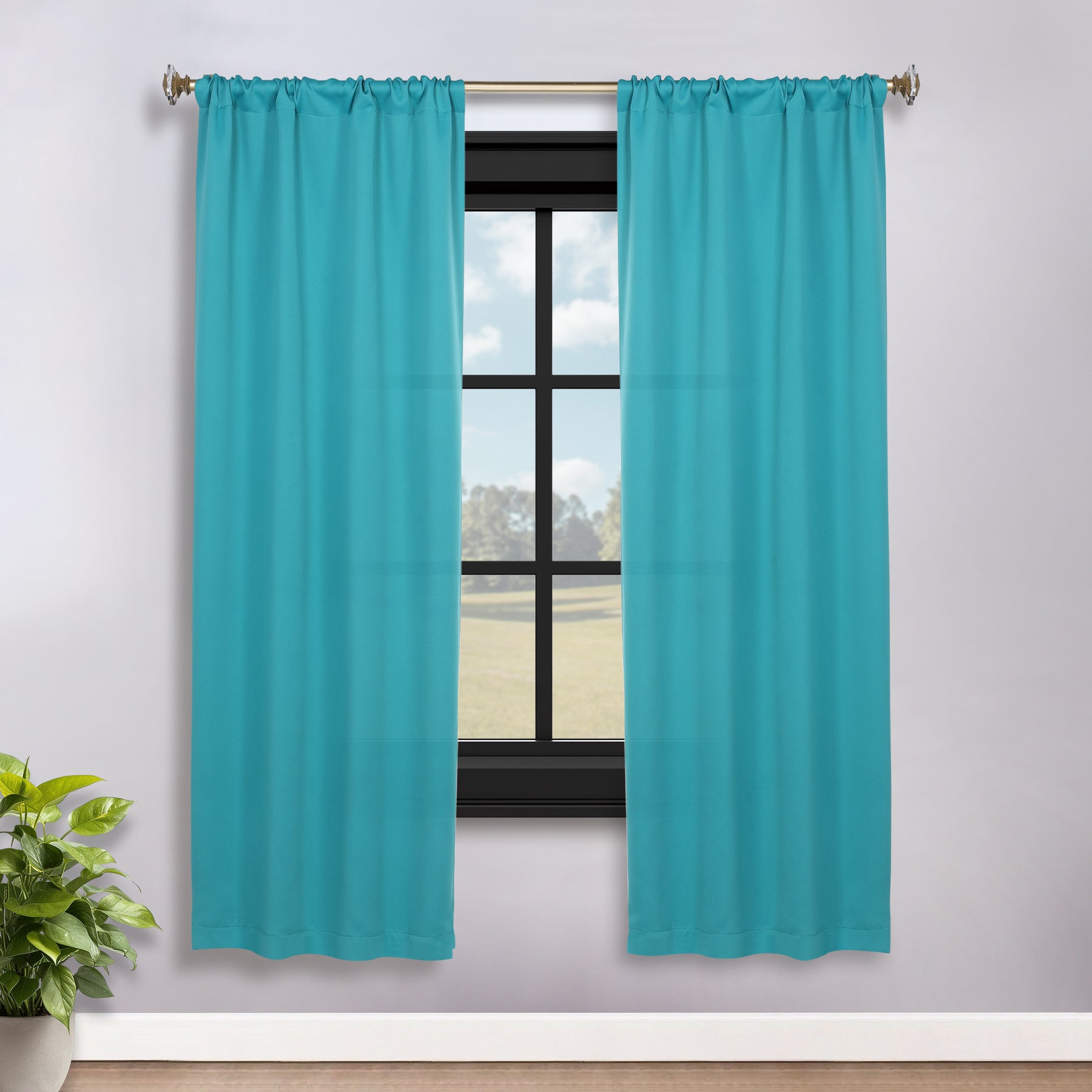 Solid Room Darkening Rod Pocket Blackout Curtain Panels, Set of 2 - Aqua