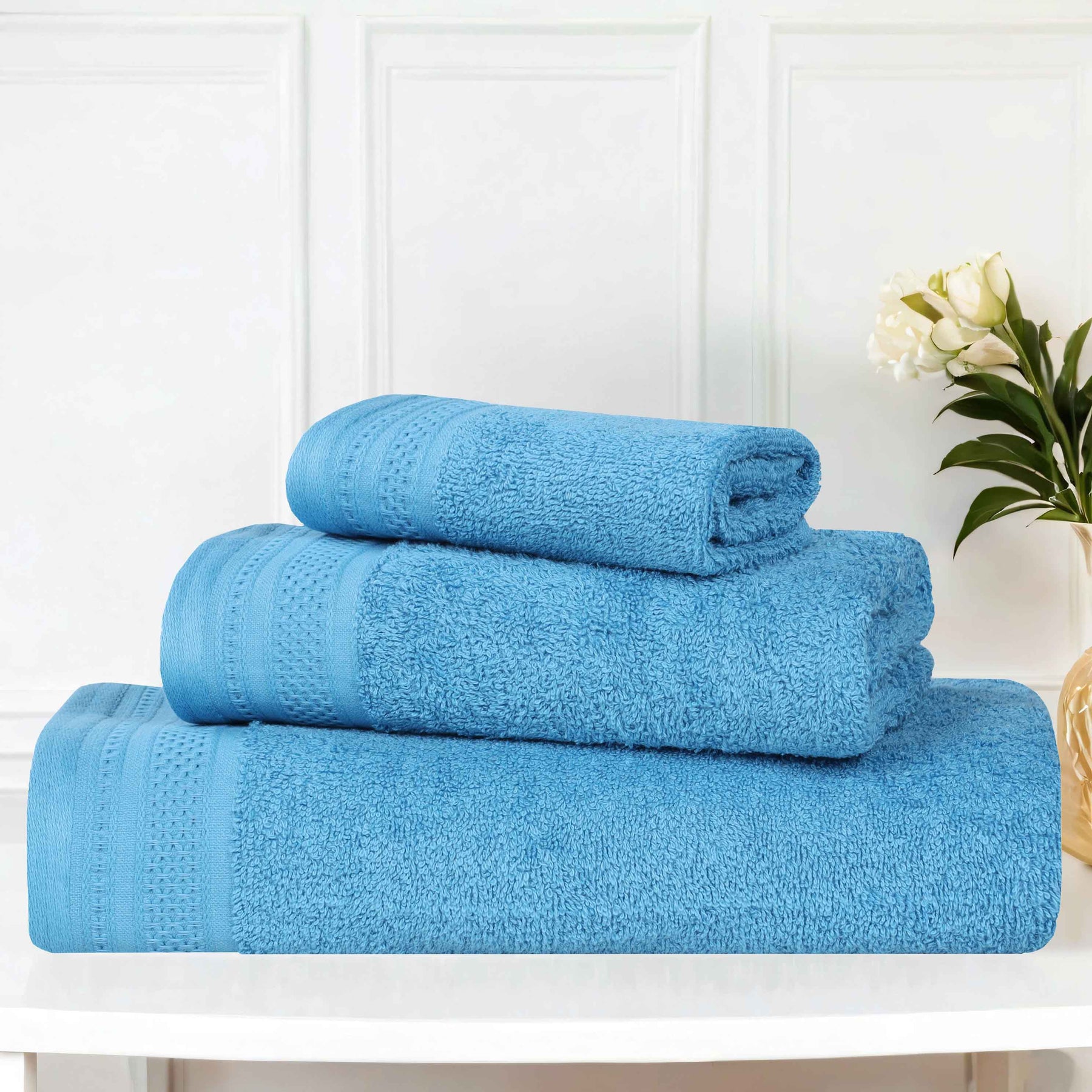 Honeycomb Textured Waffle Border Cotton 3 Piece Towel Set