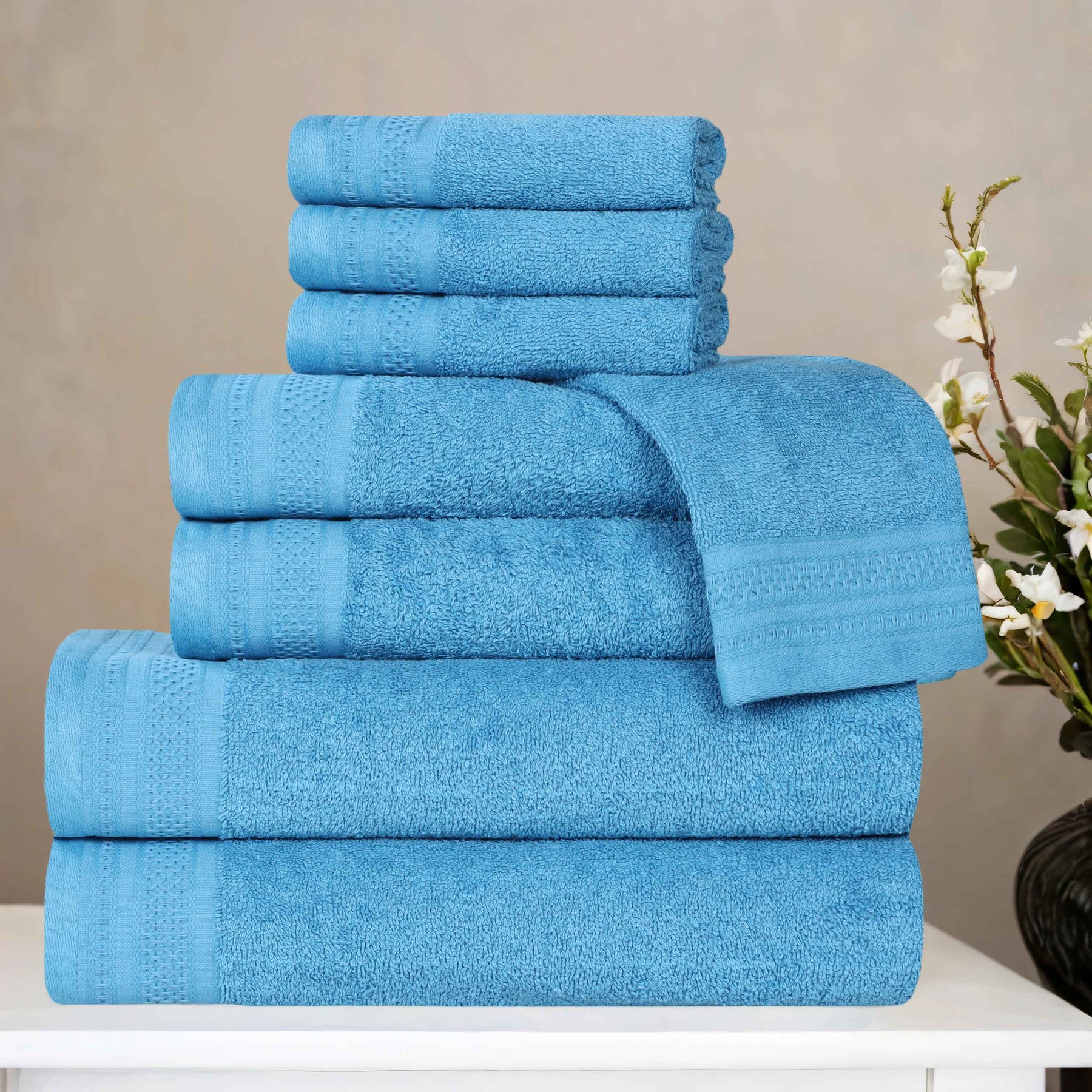 Honeycomb Textured Waffle Border Cotton 8 Piece Towel Set