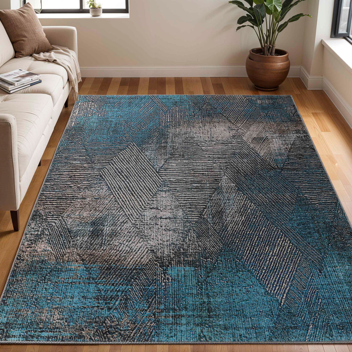 Elio Modern Geometric Indoor Area Rug or Runner Rug - CeruleanBlue