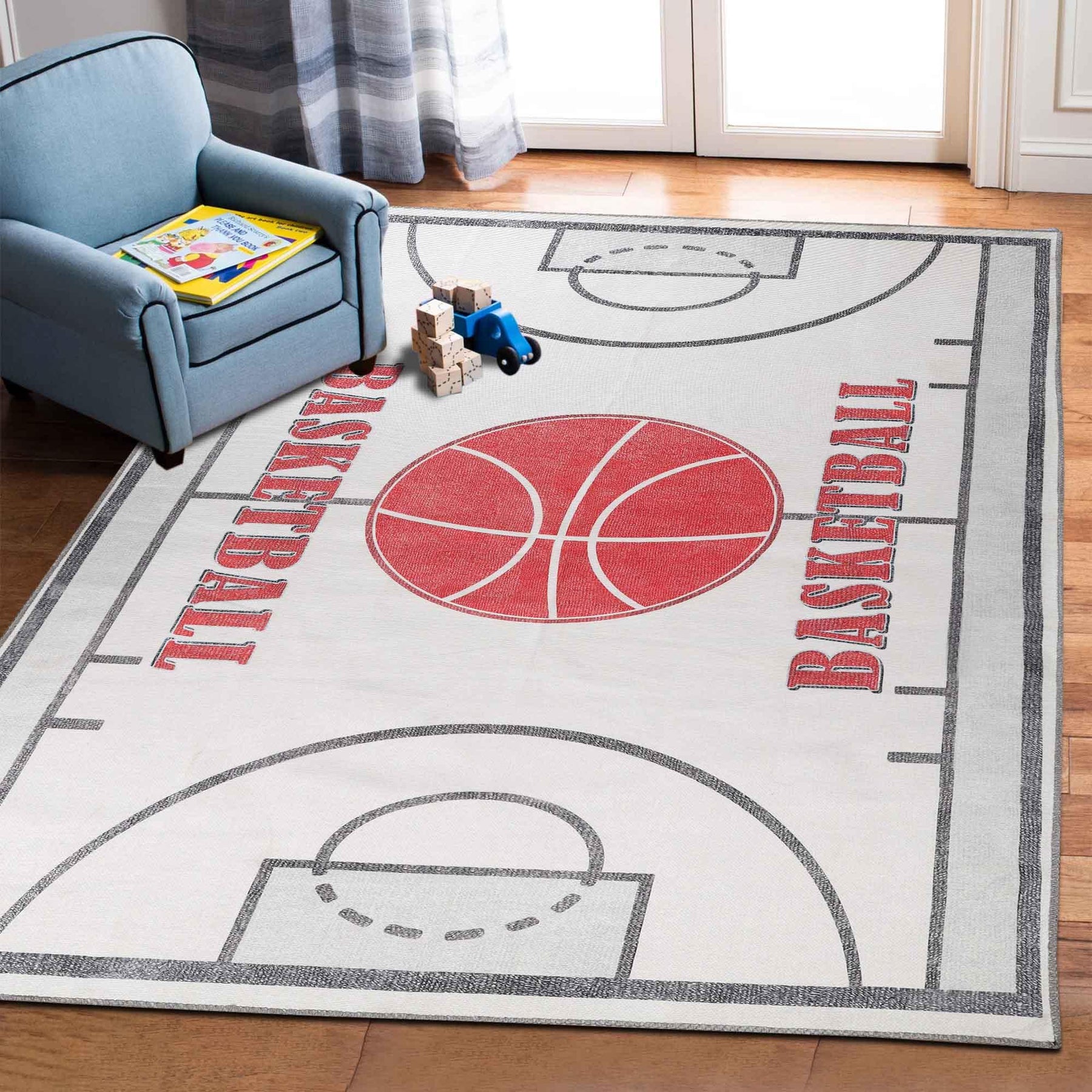 Basketball Court Non-Slip Kids Playroom Indoor Washable Area Rug - Ivory