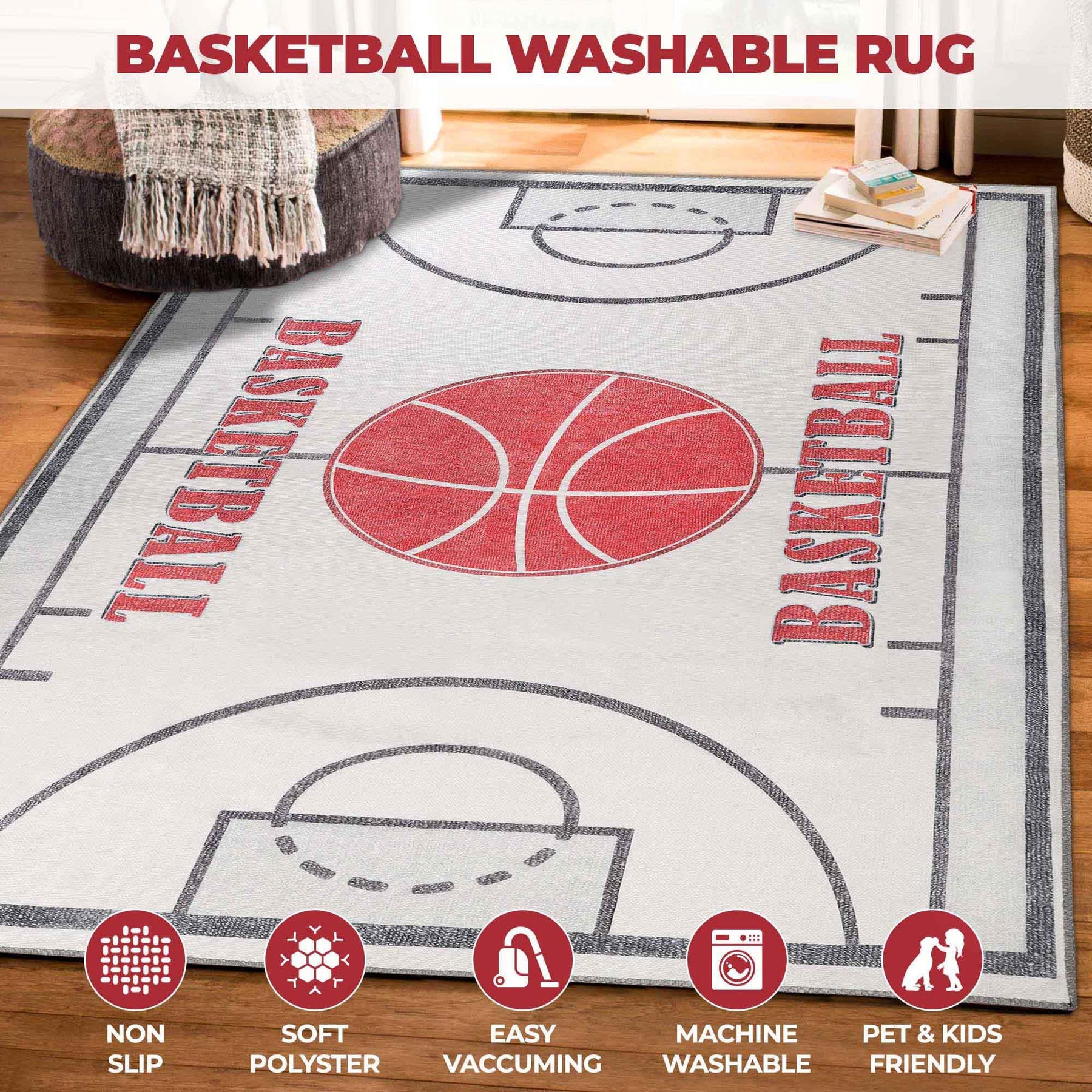 Basketball Court Playroom Non-Slip Kids Washable Indoor Area Rug - Rugs by Superior - Superior 