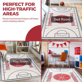 Basketball Court Non-Slip Kids Playroom Indoor Washable Area Rug - Ivory