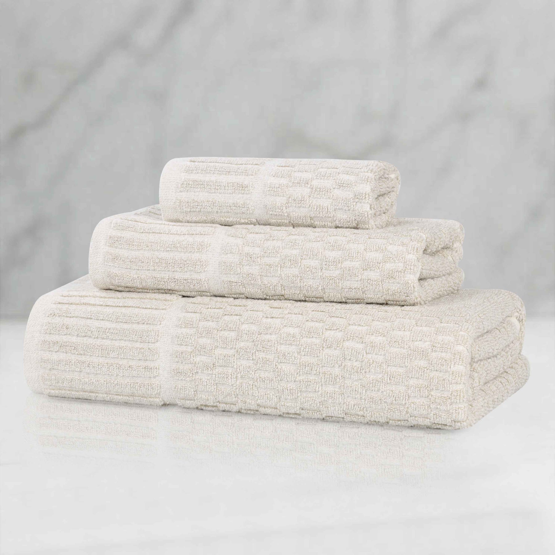 Juno Cotton Blend Textured Checkered Ribbed Border 3 Piece Towel Set