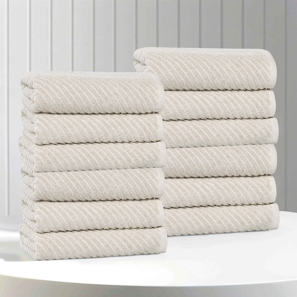 Amelia Cotton Blend Diagonal Ribbed Face Towels Washcloths, Set of 12