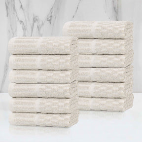 Juno Cotton Blend Checkered Ribbed Border Face Towels Washcloths, Set of 12