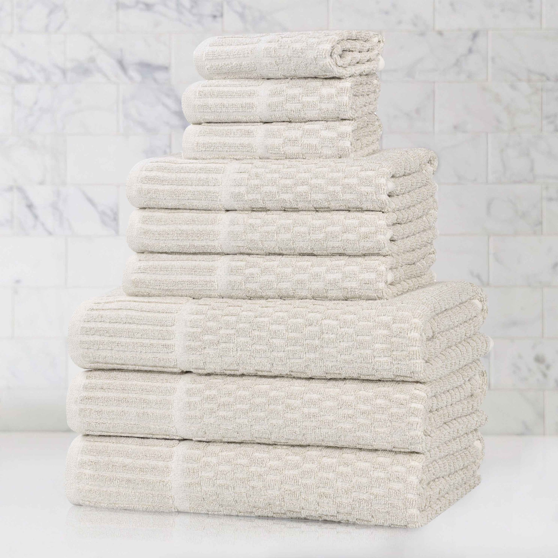 Juno Cotton Blend Textured Checkered Ribbed Border 9 Piece Towel Set