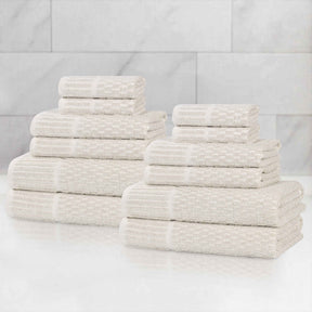 Juno Cotton Blend Textured Checkered Ribbed Border 12 Piece Towel Set