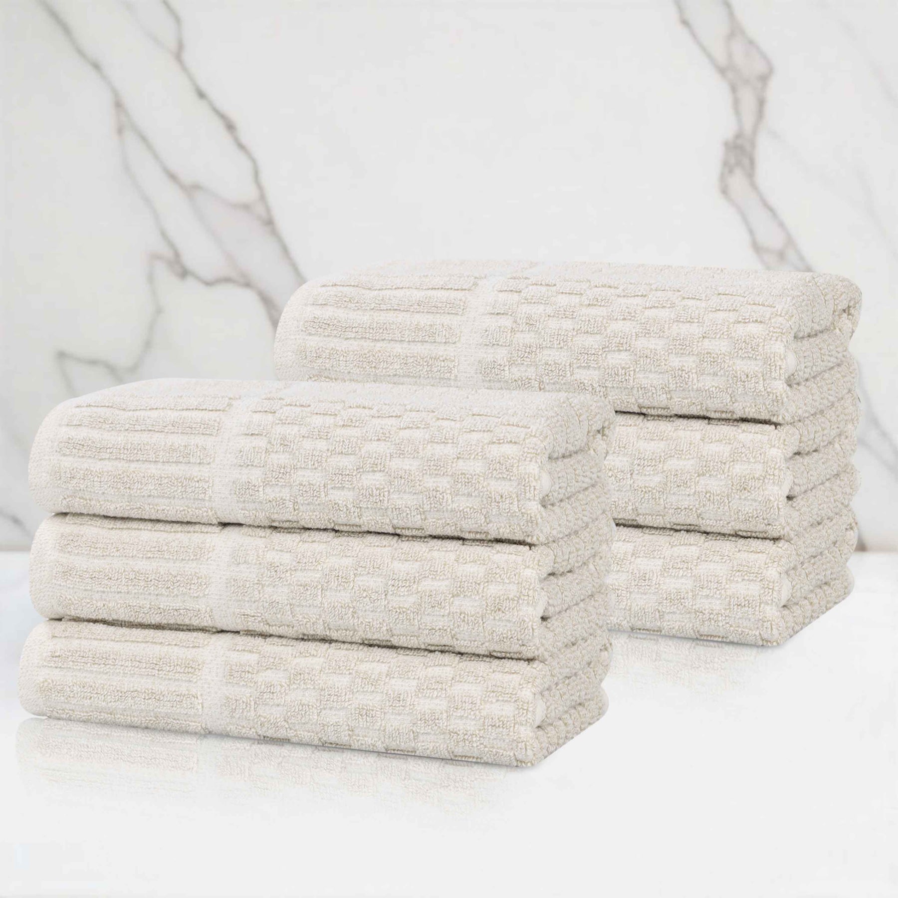 Juno Cotton Blend Textured Checkered Ribbed Border Hand Towels, Set of 6