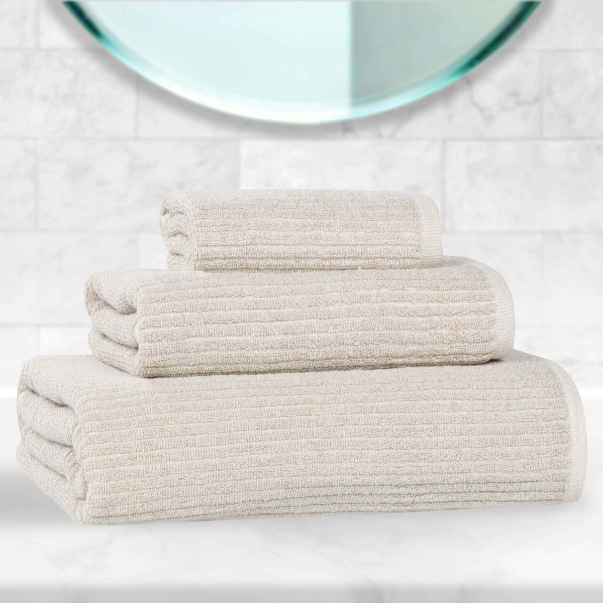 Destin Cotton Blend Medium Weight Textured Ribbed 3 Piece Towel Set