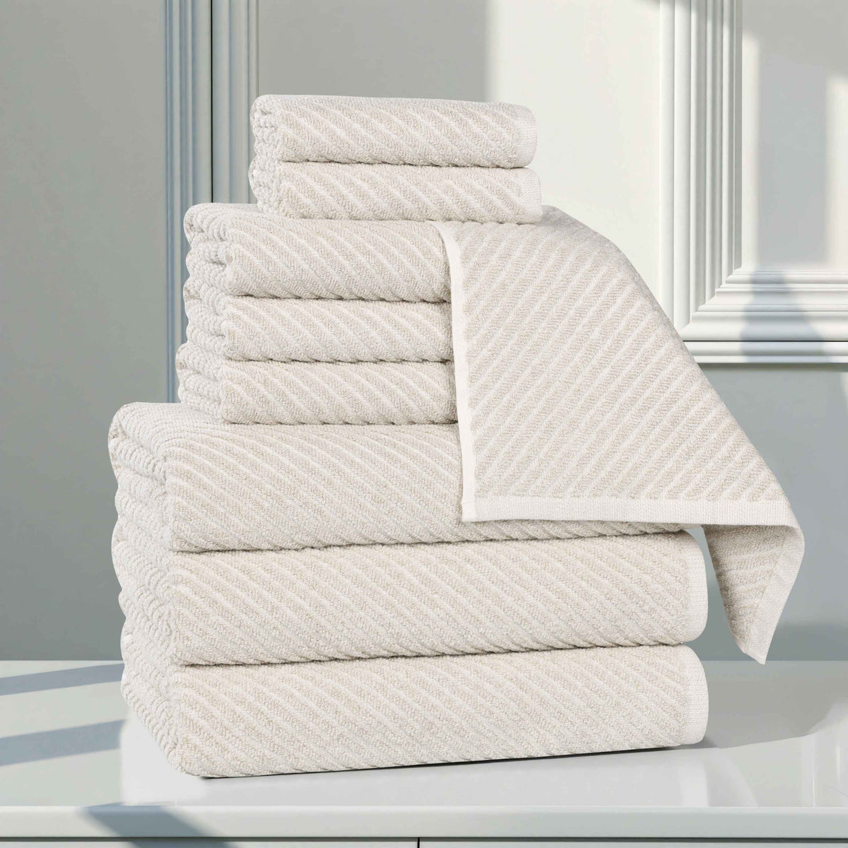 Amelia Cotton Blend Textured Diagonal Ribbed 9 Piece Towel Set