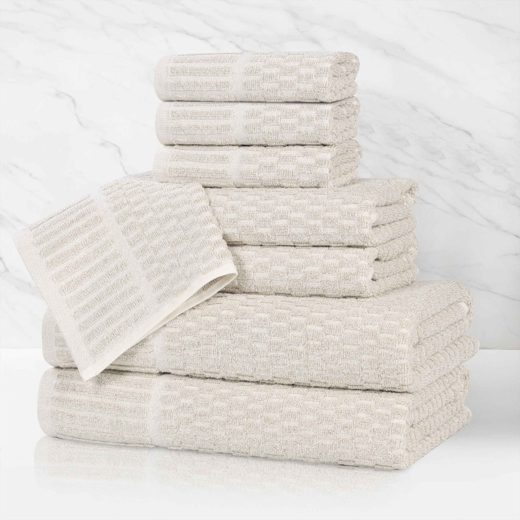 Juno Cotton Blend Textured Checkered Ribbed Border 8 Piece Towel Set