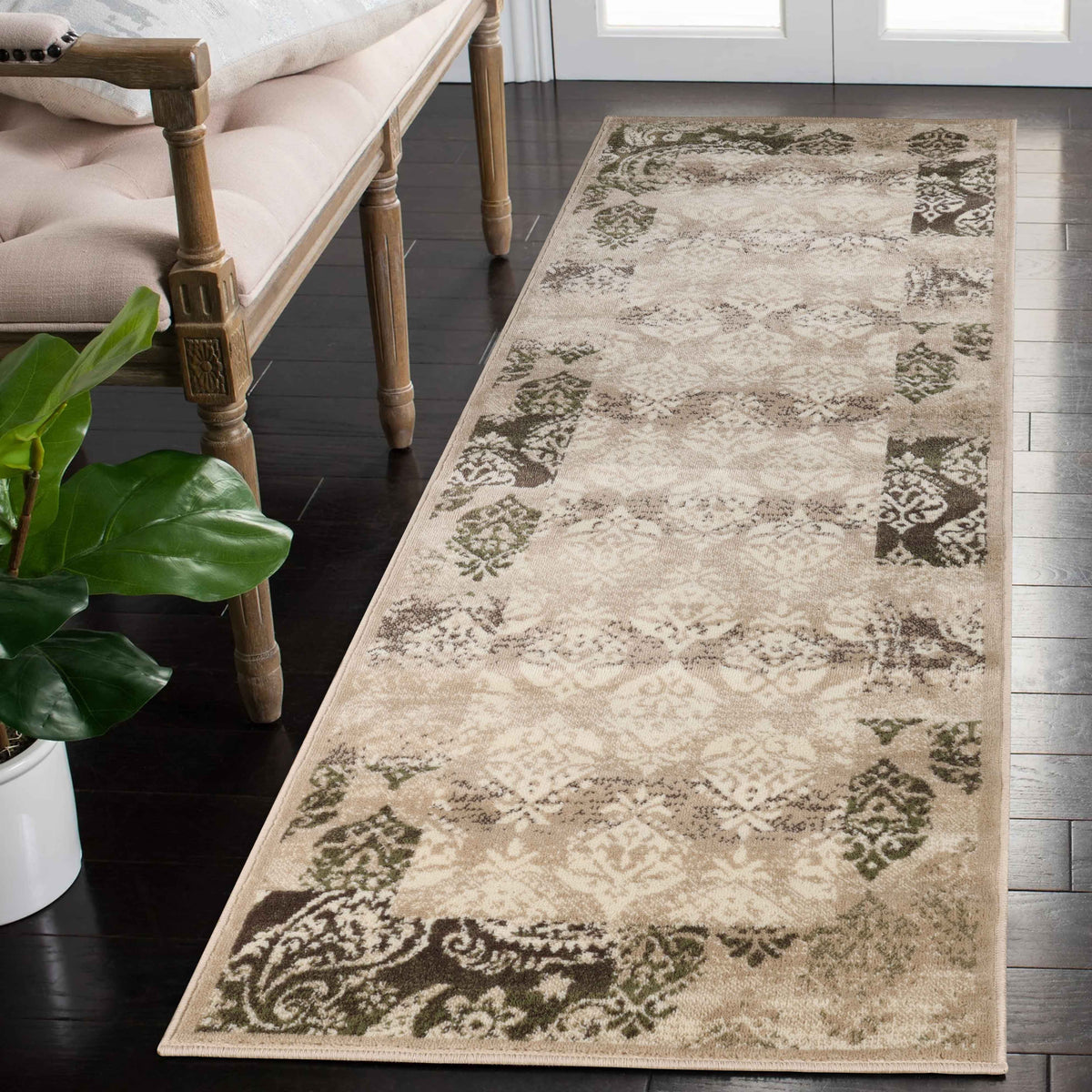 Mystique Distressed Damask Indoor Area Rug Or Runner Rug - Beige