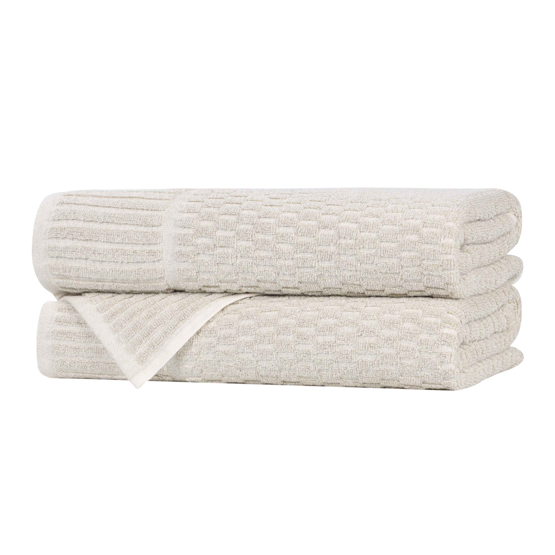 Juno Cotton Blend Textured Checkered Ribbed Border Bath Towels, Set of 2