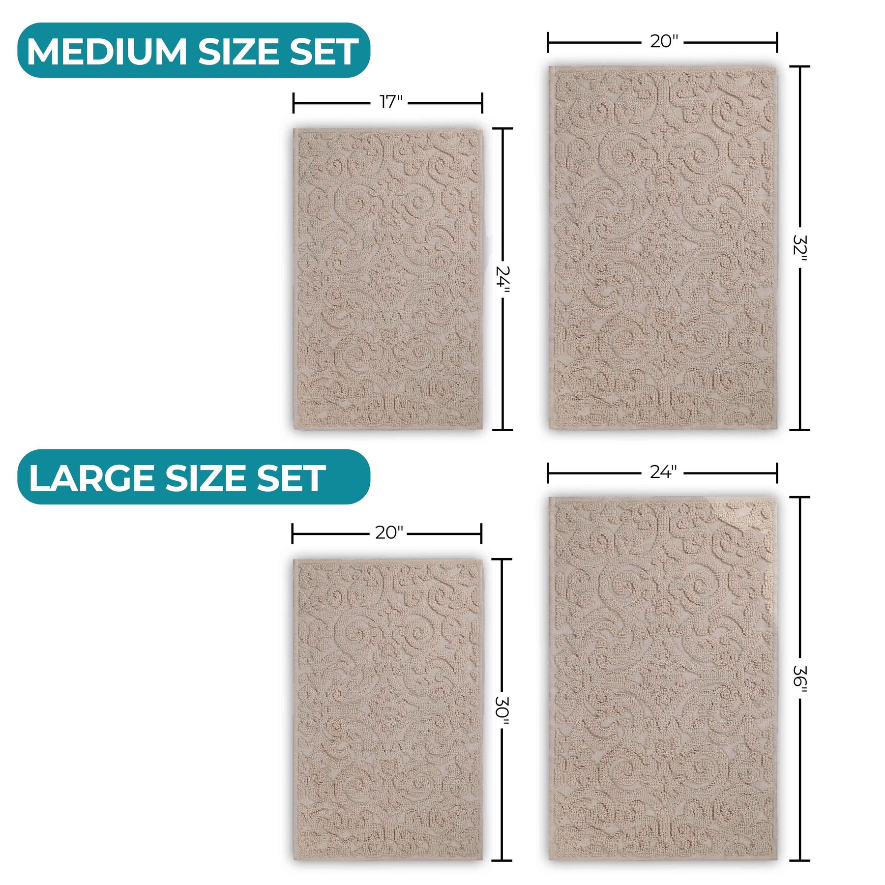 Venere Floral Scroll Textured Machine Washable Bath Rugs, Set of 2