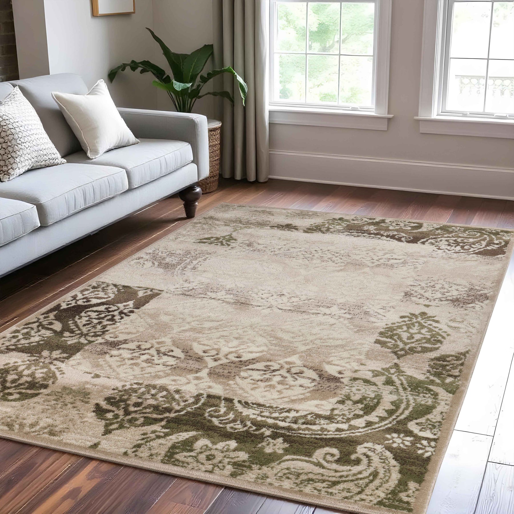 Mystique Distressed Damask Indoor Area Rug Or Runner Rug - Beige