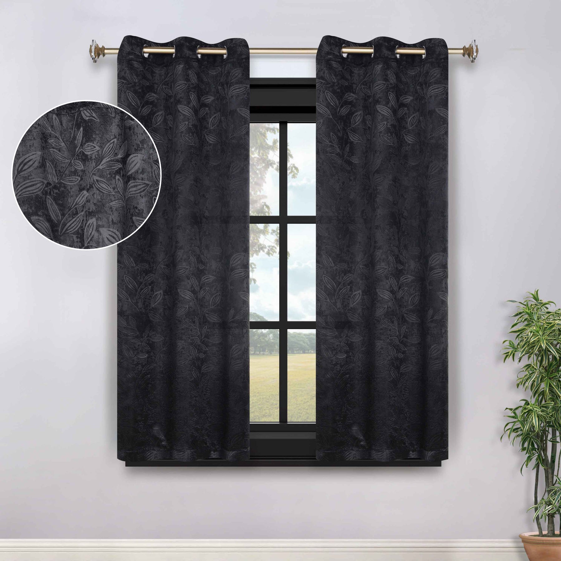 Leaves Room Darkening Grommet Blackout Curtain Panels, Set of 2 - Black