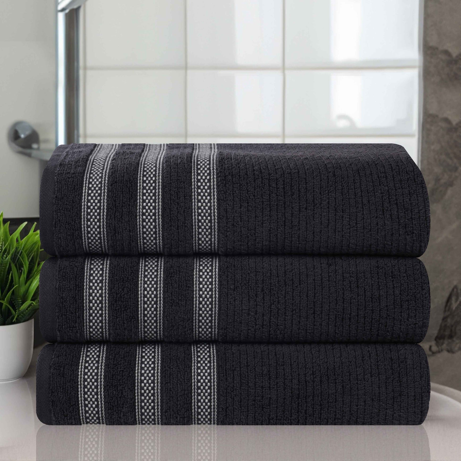 Brea Zero Twist Cotton Ribbed Geometric Border Bath Towel Set of 3