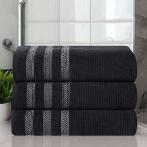 Brea Zero Twist Cotton Ribbed Geometric Border Bath Towel Set of 3