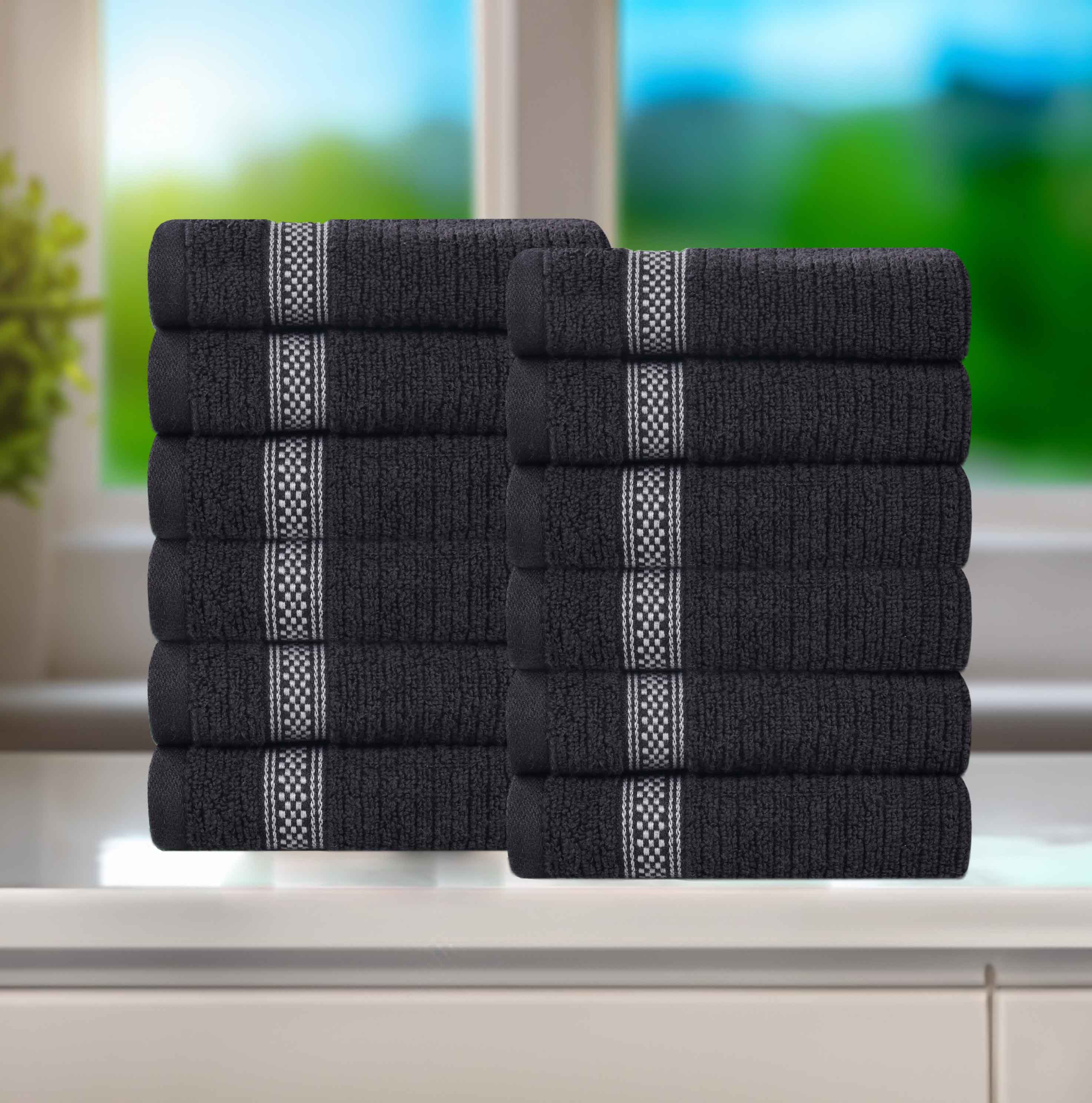 Brea Zero Twist Cotton Ribbed Geometric Border Face Towel Set of 12 - Face Towel by Superior