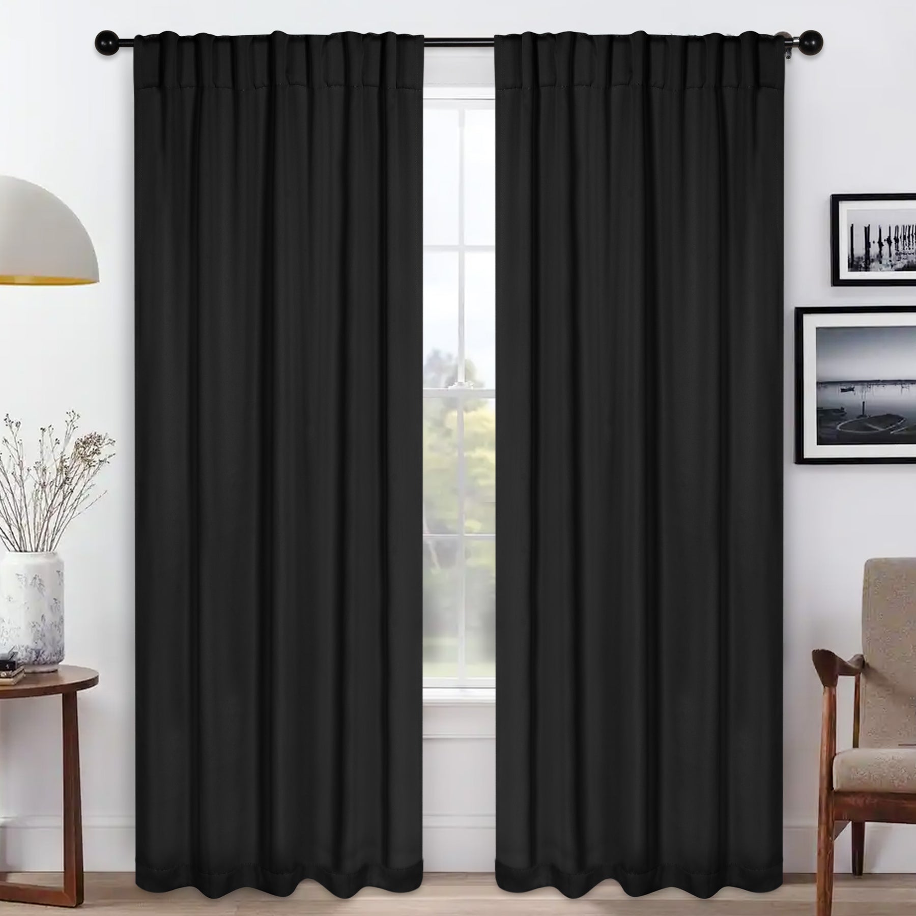 Solid Room Darkening Blackout Curtain Panels, Back Tabs, Set of 2 - Black