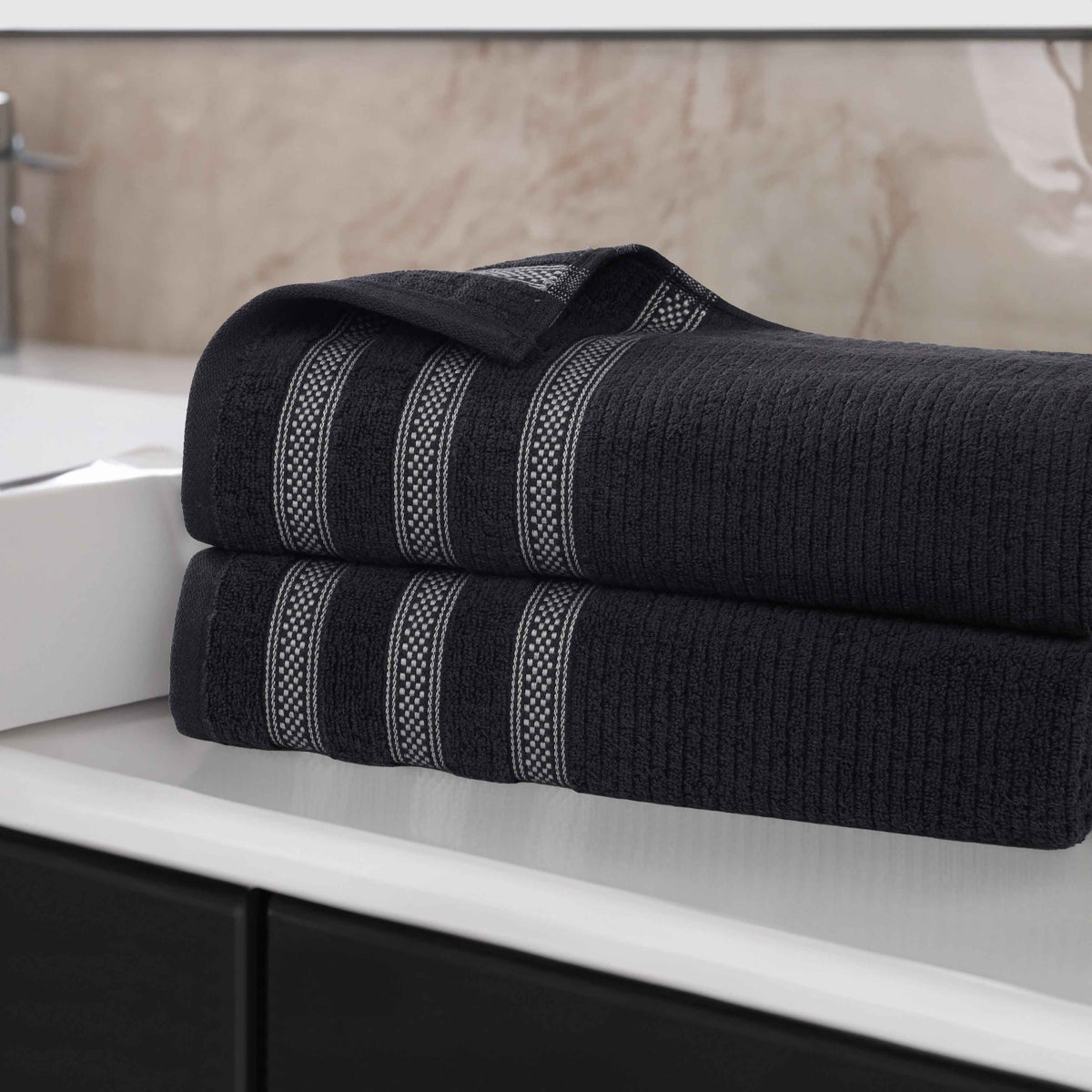 Brea Zero Twist Cotton Ribbed Geometric Border Bath Sheet Set of 2