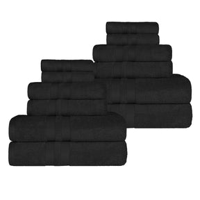 Ultra-Soft Cotton Absorbent Quick-Drying 12 Piece Assorted Towel Set - Black