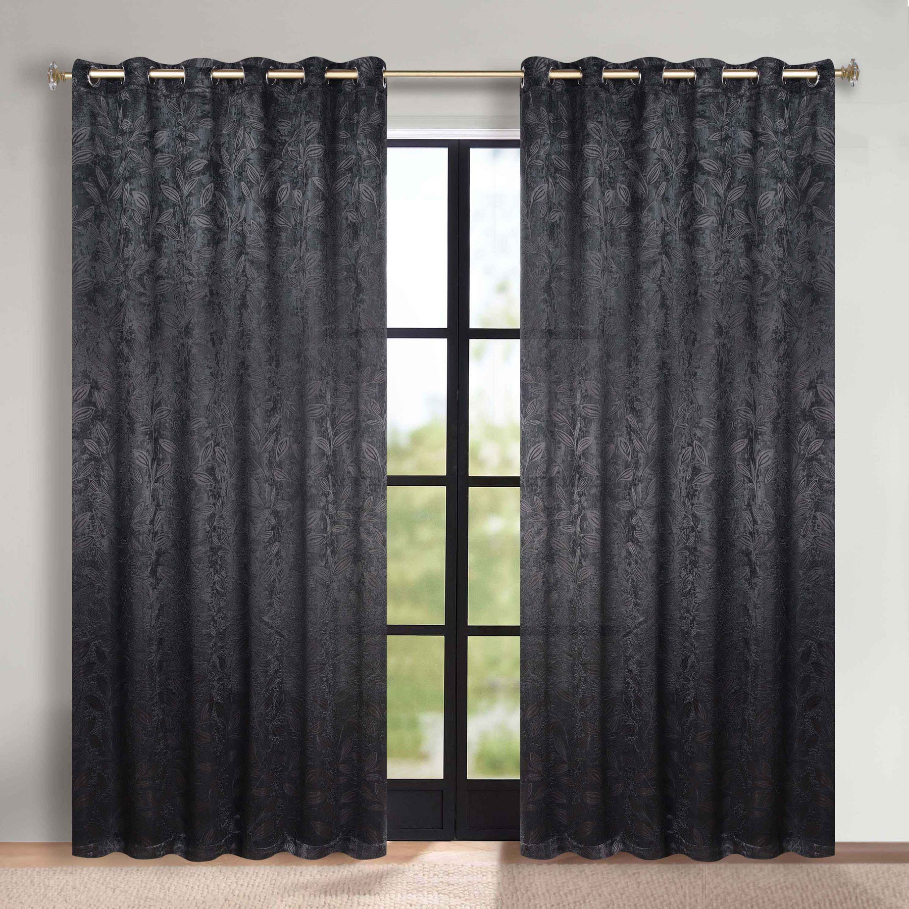 Leaves Room Darkening Grommet Blackout Curtain Panels, Set of 2 - Black