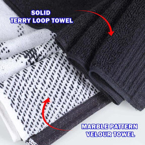 Cotton Marble Solid Jacquard Border Bath Towels Set of 4 - Black