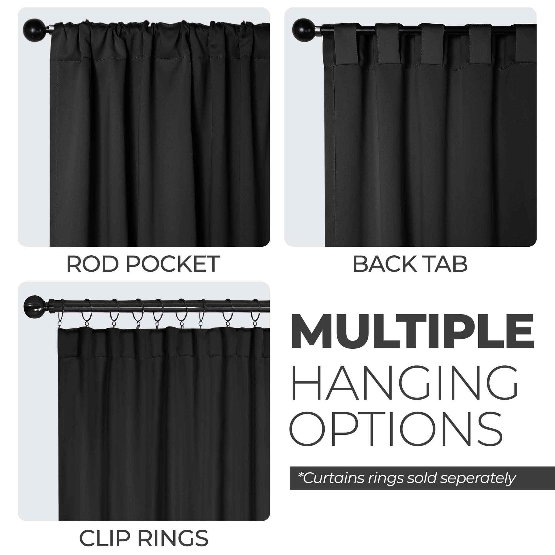 Solid Room Darkening Blackout Curtain Panels, Back Tabs, Set of 2 - Black