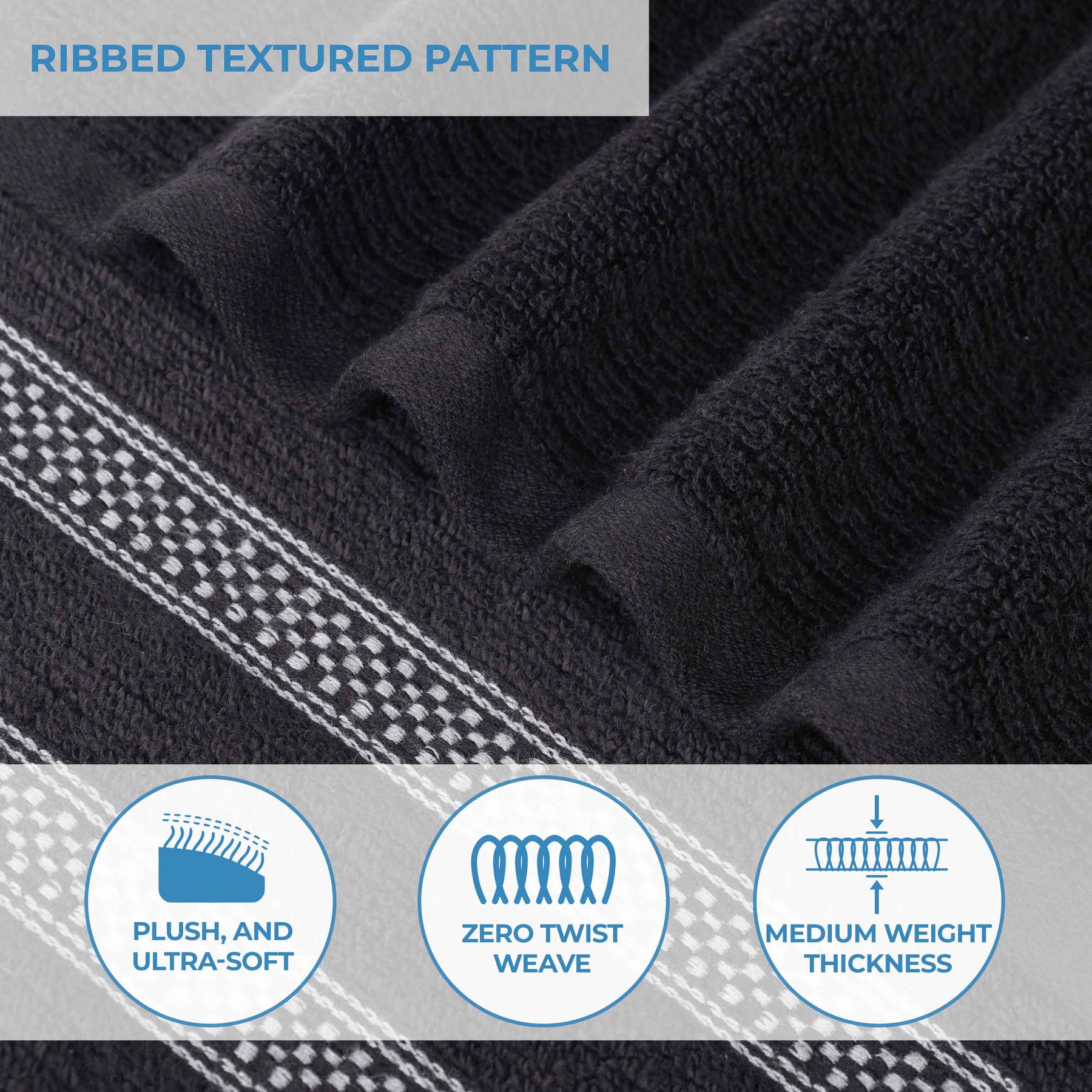 Brea Zero Twist Cotton Ribbed Geometric Border Bath Towel Set of 3