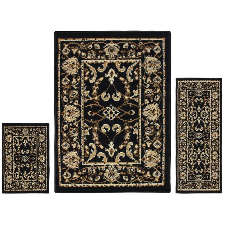 Barringer Traditional Floral Damask 3 Piece Area Rug Set - Black